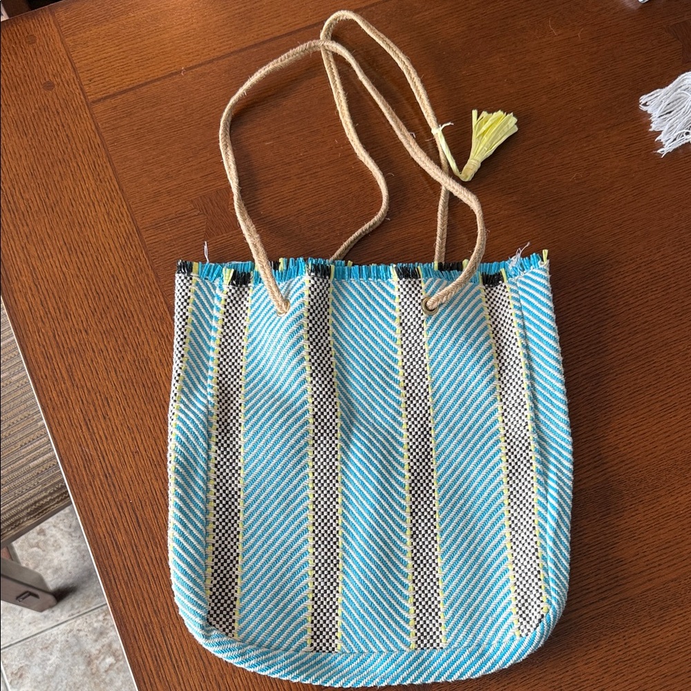 Vibrant Blue and Yellow Striped Kids Beach Tote Bag